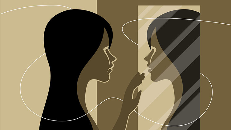 Animated woman looking into a mirror